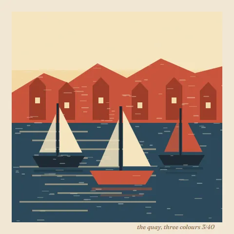 A three colour linocut of three sailing boats in front of red harbour houses