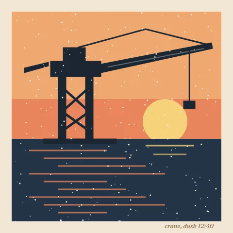 A linocut of a harbour crane in silhouette against an orange dusk sky