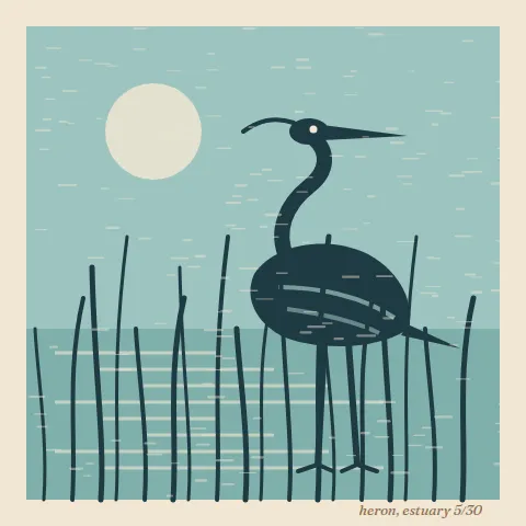 A two colour linocut of a heron standing in reeds, in dark blue on pale green