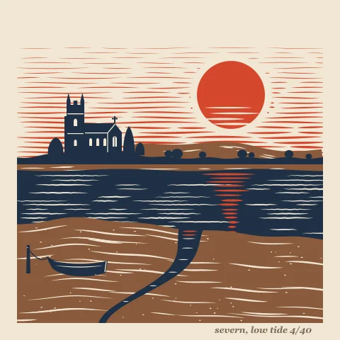 A three colour linocut of a wide river at low tide under a red sun