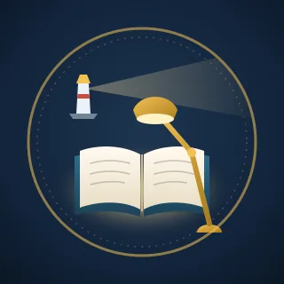 An open book under a reading lamp, with a lighthouse beam across the page, inside a ring
