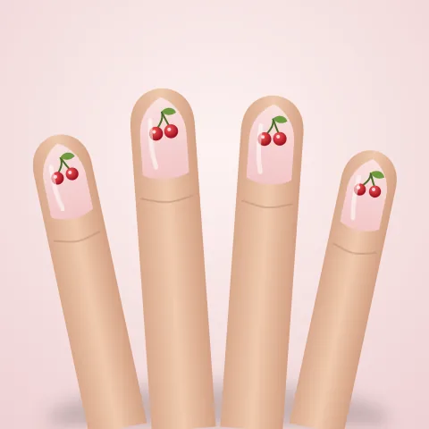 Four short almond nails in sheer pink, each with a glossy red cherry near the tip