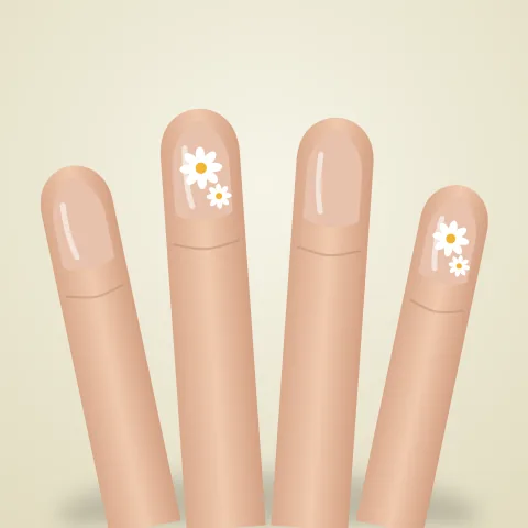 Four nude nails, two with small white daisies with yellow centres