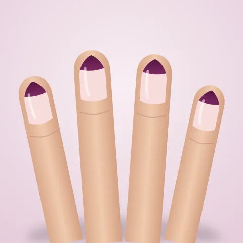 Four nails with a pale pink base and a thin deep plum tip