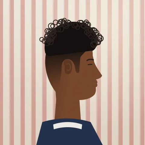 A head of tight curls side on, shaped round and tapered at the neck