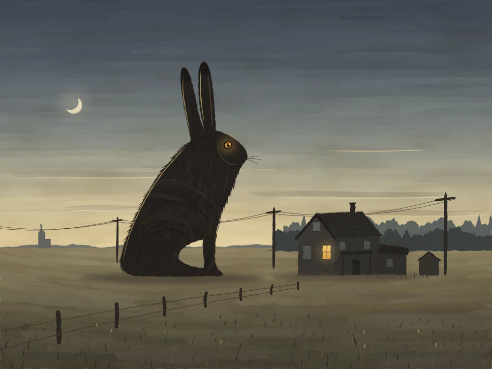 A gouache painting: a huge dark hare with one lit eye sitting up in a field at dusk, near a small farmhouse