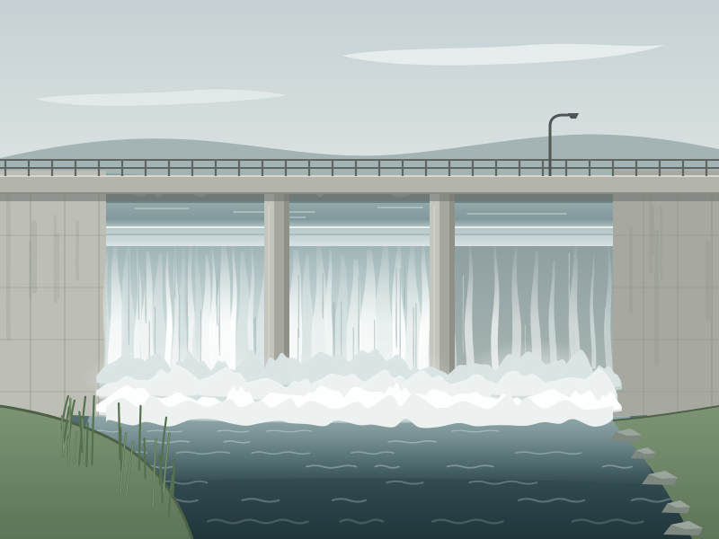 A concrete spillway under a road bridge, with water pouring over the lip in three bays and white water at the foot