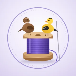 Two small birds perched on a wooden spool of purple thread