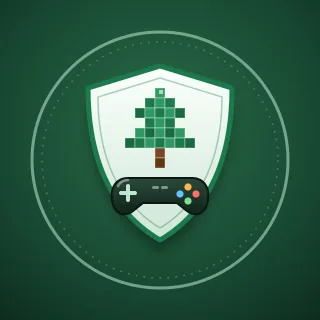 A spruce tree built from small green squares on a shield, a game controller beneath it, inside a ring