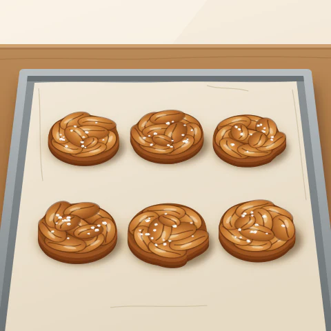 Six round cardamom buns with seeds and a curved cut on top, on a baking tray