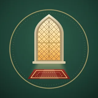 A tall arched window with a lattice, warm light falling through it onto a carpet, inside a ring