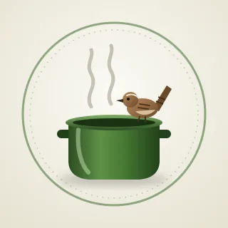 A small brown wren perched on the rim of a green soup pot, with steam rising