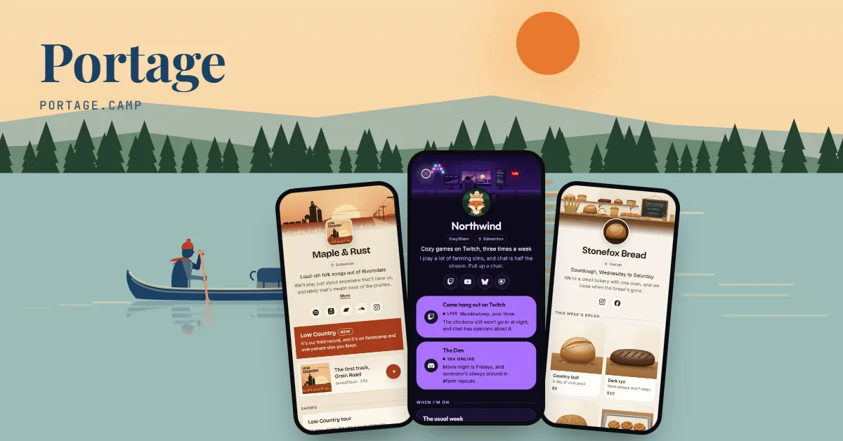 Three example Portage pages on phones, standing in a lake at sunset beside a canoe.