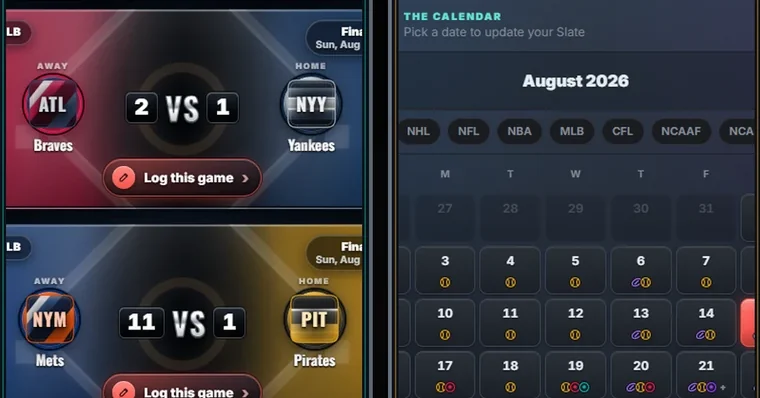 Scorebug’s Slate: tonight’s games as score cards with a button to log each one, beside a month calendar.