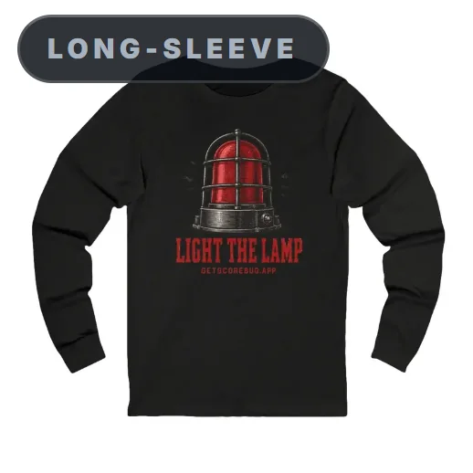 A black long-sleeve Scorebug tee with a red beacon light on the front.