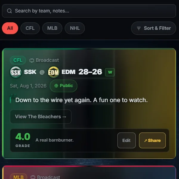 Scorebug’s Vault: a search box, league filters and a logged CFL game graded 4.0.