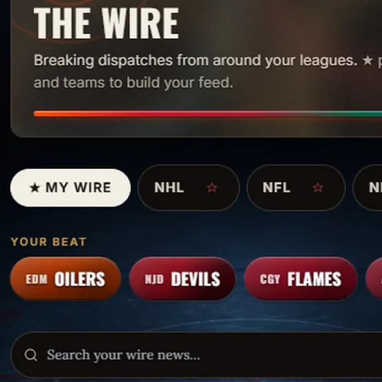 Scorebug’s Wire, with a row of pinned leagues and the clubs you follow.
