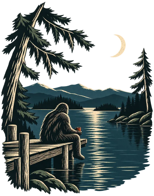 Quiet Hours, the drawing: Bigfoot at the end of a dock with a mug, watching the moon on the lake.