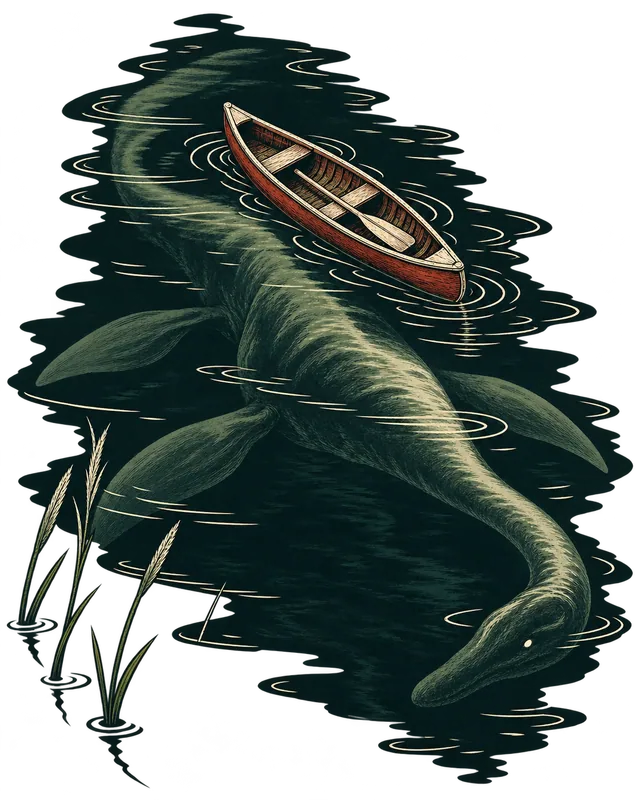 Seen Briefly, the drawing: An empty red canoe drifting over something long and green under the water.