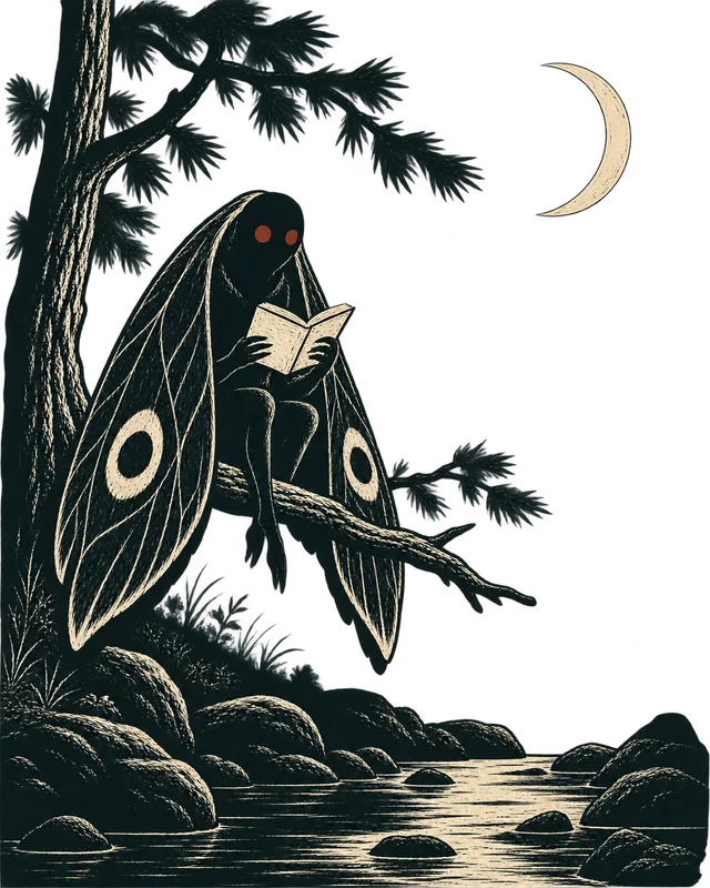 Night Library, the drawing: A moth creature reading on a pine branch above a creek, under a thin moon.