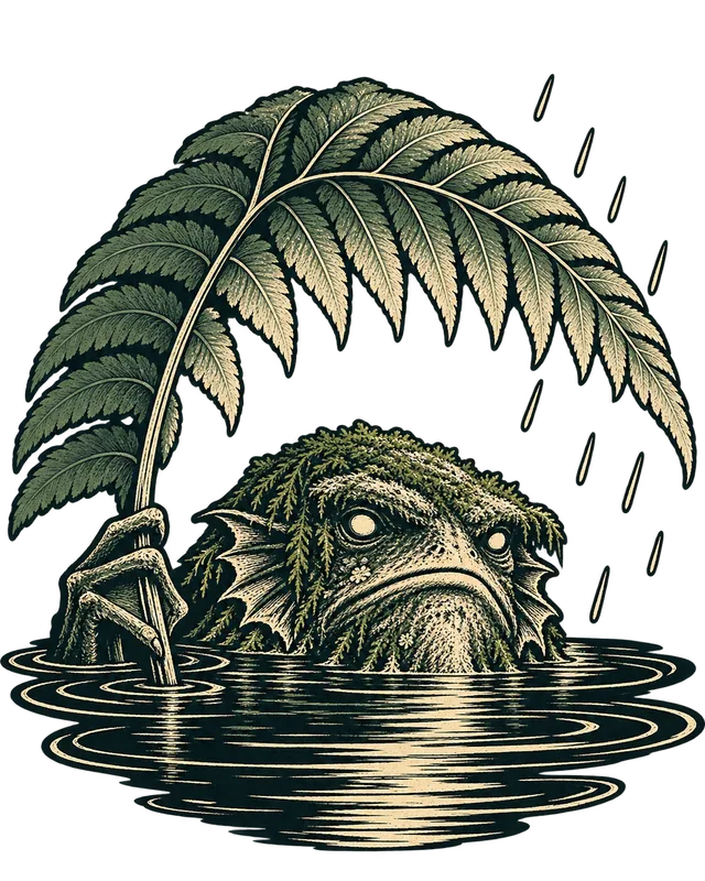 Rain Check, the drawing: A swamp creature waiting out the rain under a fern, eyes just above the water.