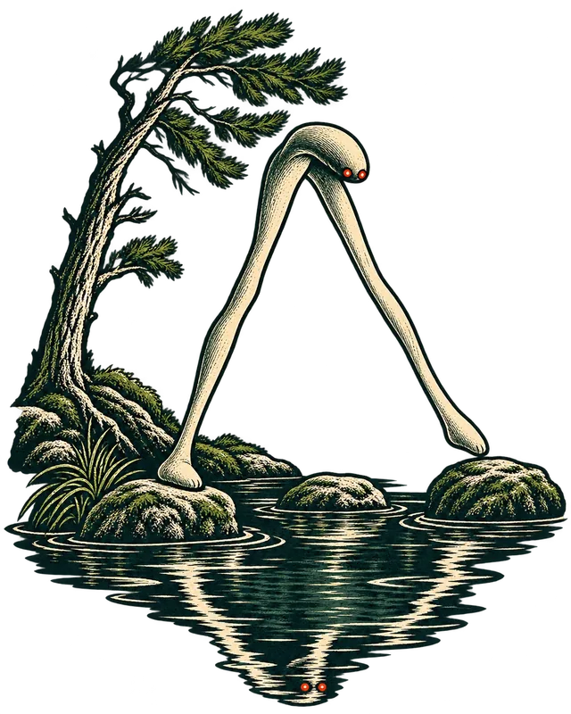 Small Hours, the drawing: Something with very long legs stepping between mossy rocks, its reflection not quite right.