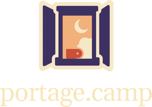 The left chest emblem: the Open Late logo, with portage.camp under it
