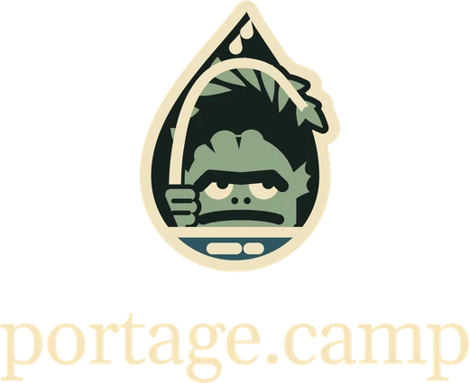 The left chest emblem: the Rain Check logo, with portage.camp under it