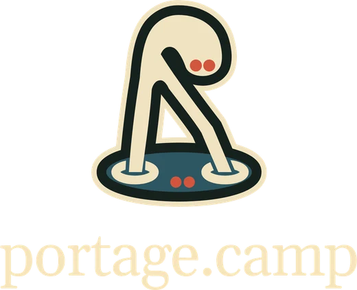 The left chest emblem: the Small Hours logo, with portage.camp under it