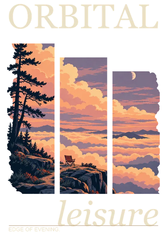 Edge of Evening, the drawing: A camp chair on a cliff above the clouds, left out for whoever gets there first.
