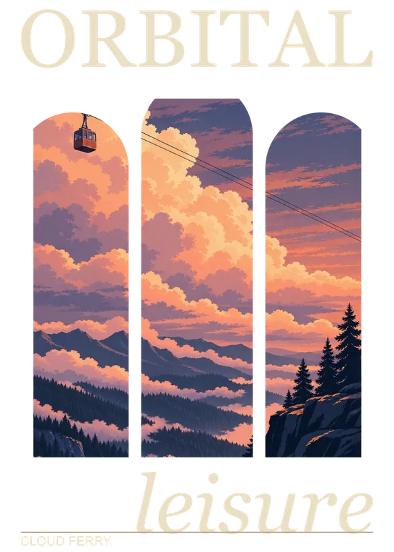 Cloud Ferry, the drawing: A cable car crossing a sea of cloud between pine ridges at sunset.