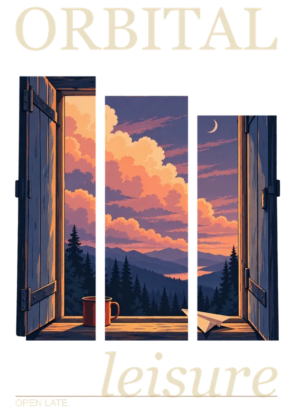 Open Late, the drawing: A cabin window left open on a dusk sky, a mug on the sill and a paper plane beside it.