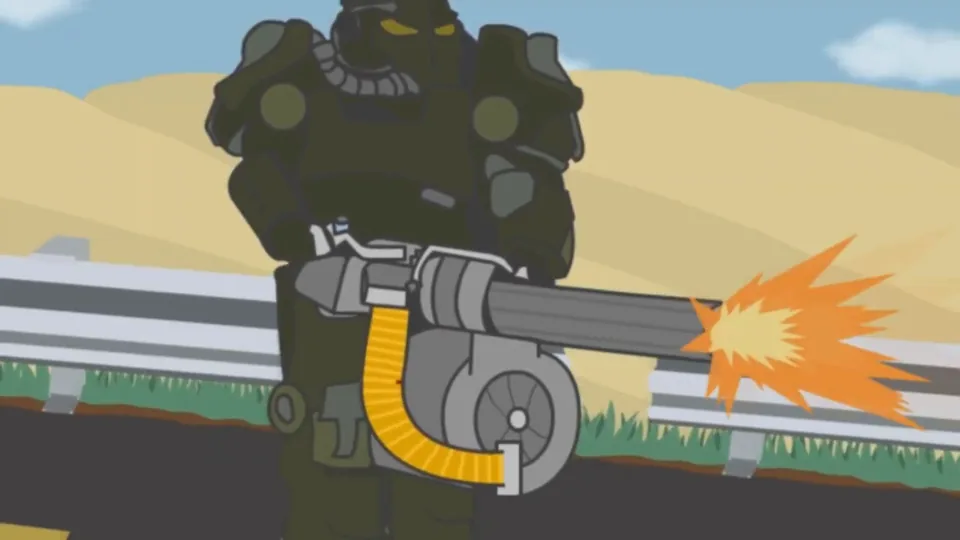 A still from a cartoon animation: a soldier in power armour firing beside a desert road
