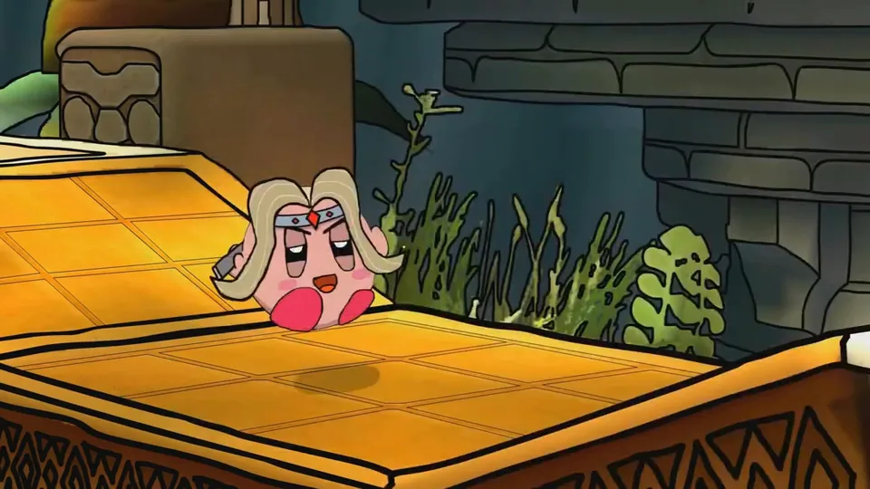 A still from a cartoon animation: a round pink hero in a blond wig bouncing across a castle floor