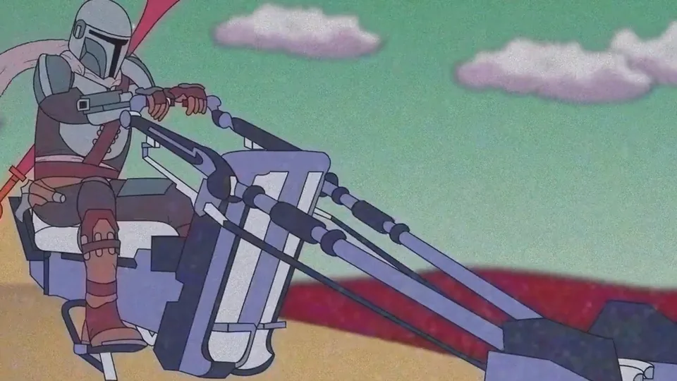 A still from a cartoon animation: an armoured rider on a speeder bike across a desert