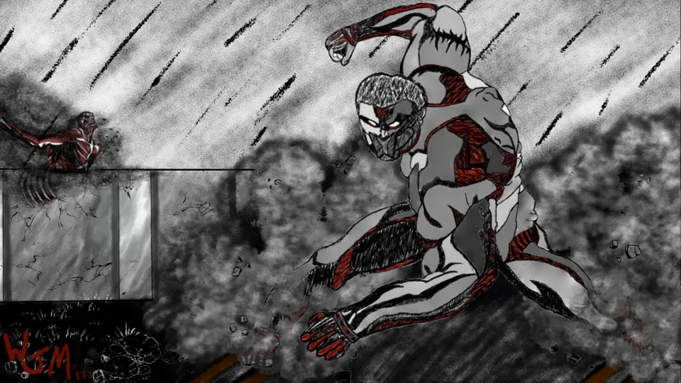 A speed paint in black, grey and red: a titan crouched to leap through smoke and rain