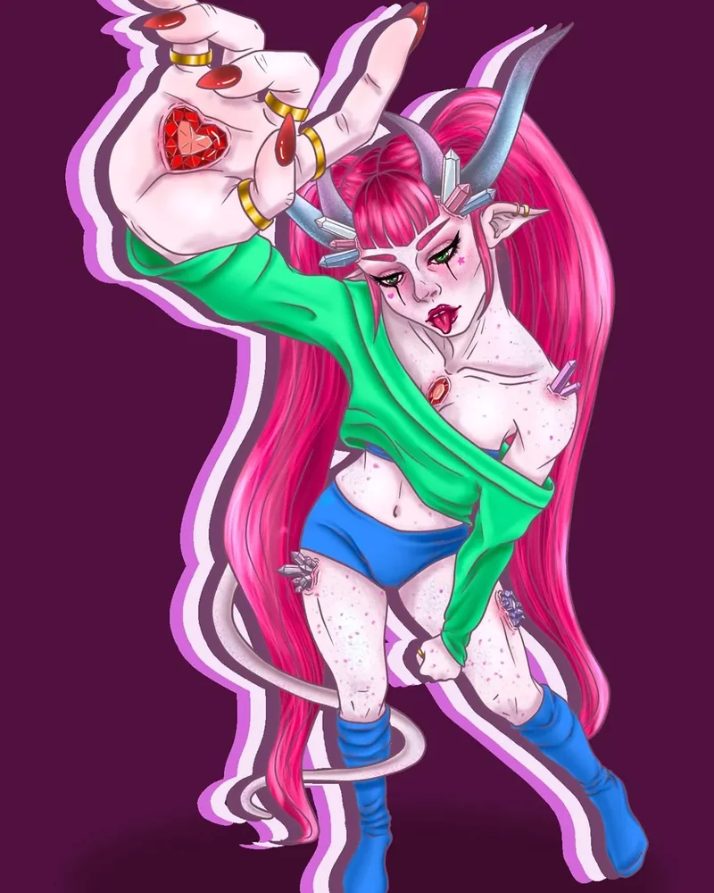 Heart Thief, the drawing: A crystal-horned demon reaching out, a red heart-shaped gem in her palm.