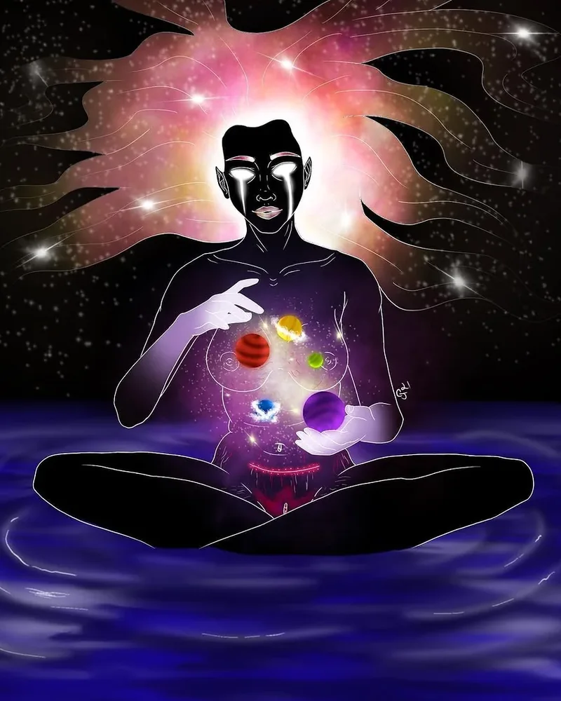 Orbit Keeper, the drawing: A cosmic figure sitting in still water, small planets circling their hands.